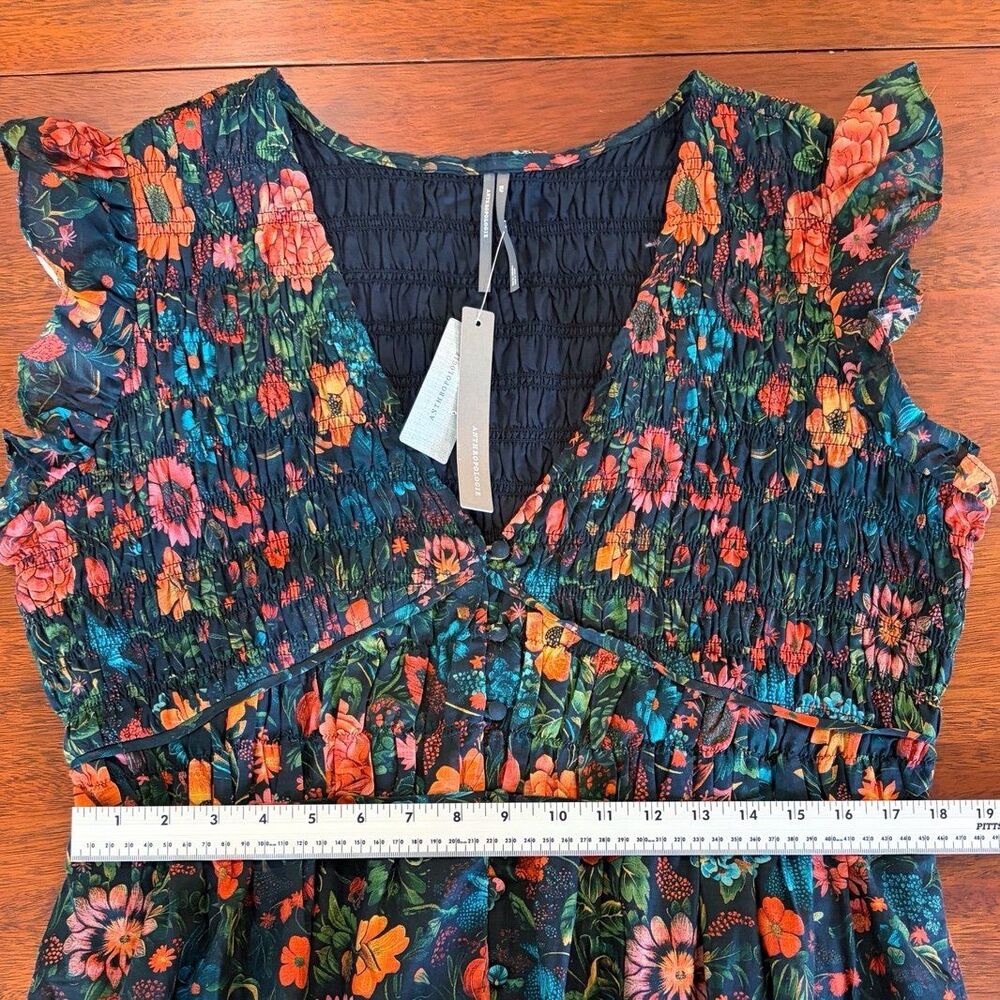 Anthropologie NWT XL Petite Floral Smocked Boho Midi Dress Flutter Sleeve - Picture 11 of 12